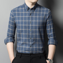 纯棉格子男士长袖衬衫中年商务休闲职场百搭潮流衬衣男Polo衫代发