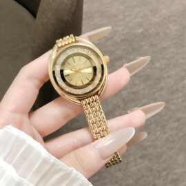 金色镶钻女士石英手表独特环形表盘设计金属链带尽显奢华优雅气质