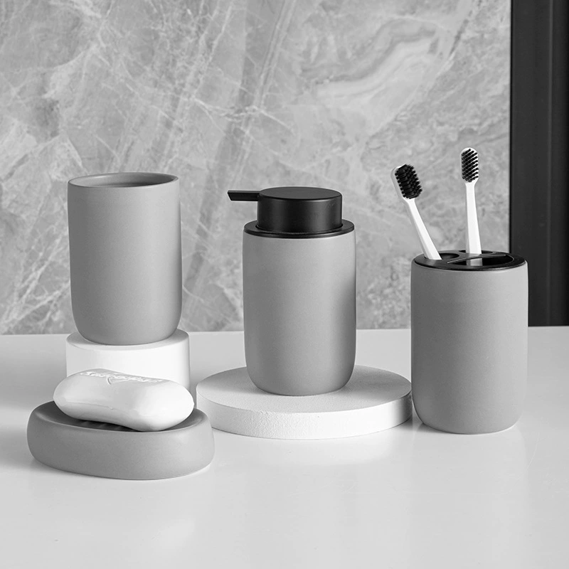 Ceramic Bathroom Set, 4-piece container set — soap dish, pump bottle, toothbrush holder, rinsing cup