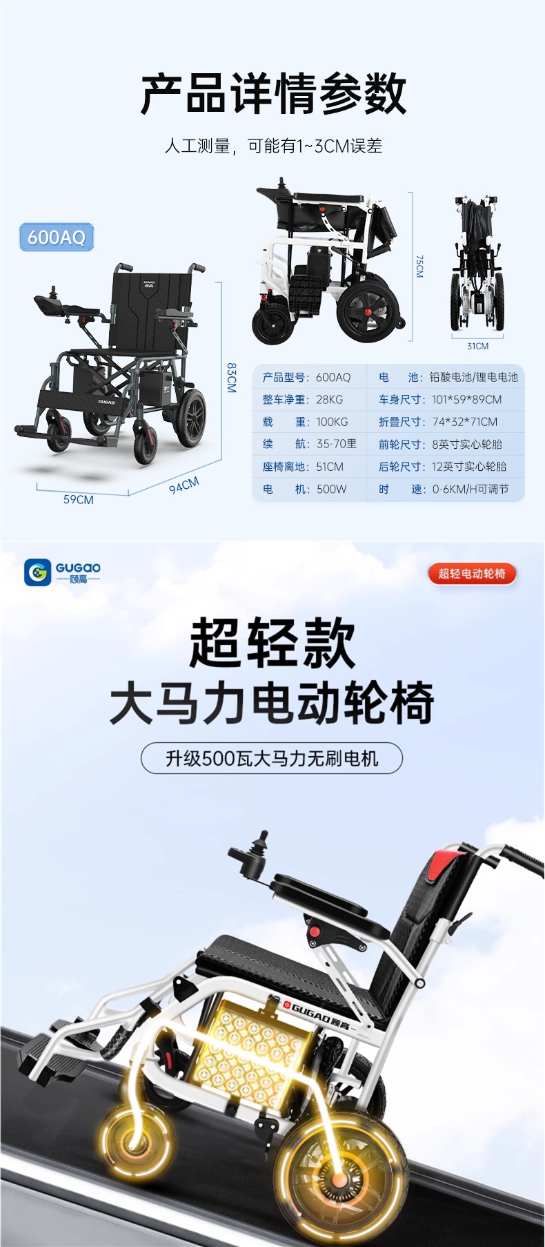 Gugao Electric Wheelchair Folding Lightweight Smart Fully Automatic Small Four-Wheel Scooter for the Elderly and Disabled