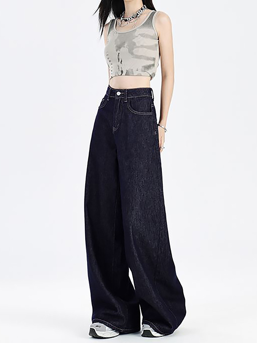 Spring and Autumn American-Style Dark Blue Jeans for Women 2026 New Model Petite High-Waisted Slimming Straight Loose Wide-Leg Pants