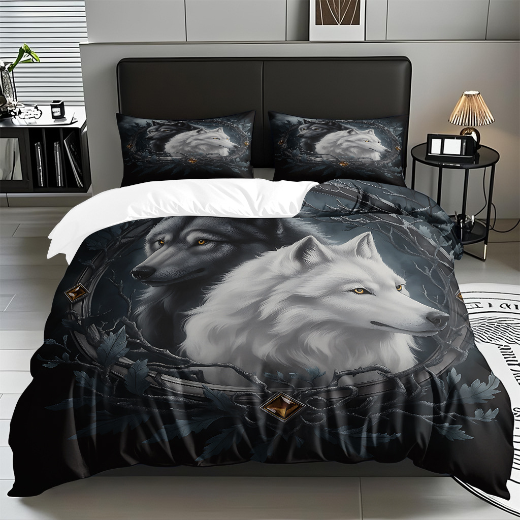 TEMU / JIT adaptado al patrón de lobo impresión digital set edredón molido textil transpirable para dibujar puede hacer