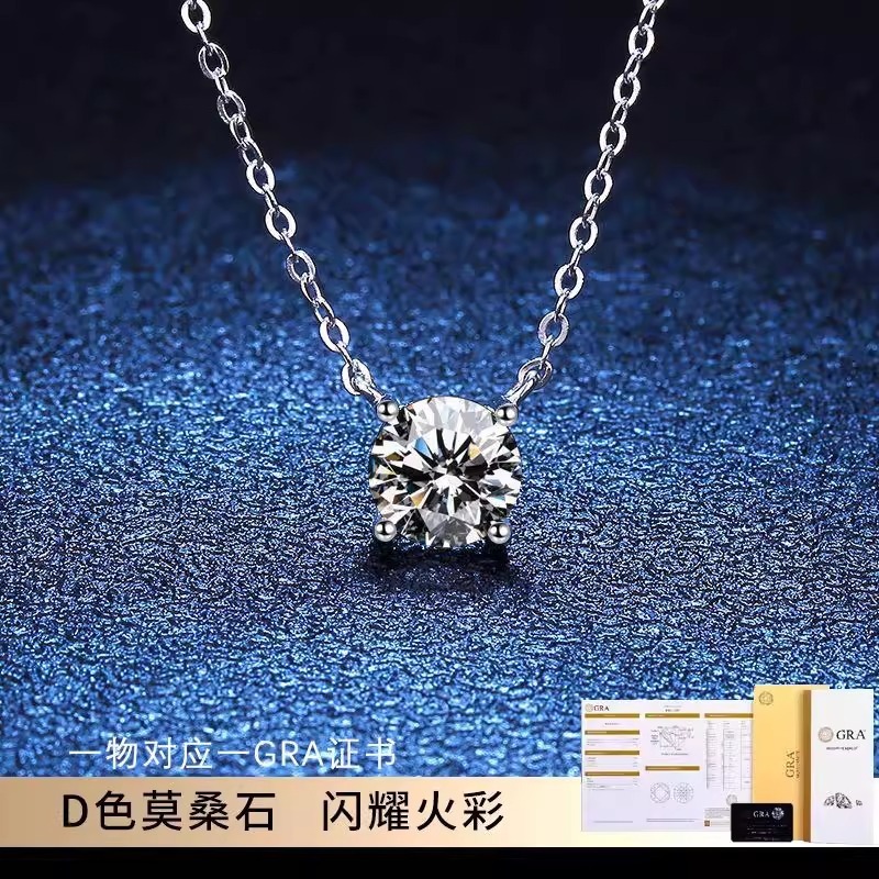 Super Shiny D Color Moissanite Single Diamond Platinum-Plated Necklace Pure Silver Pendant Light Luxury Collarbone Chain Niche Non-Fading Cross-Border