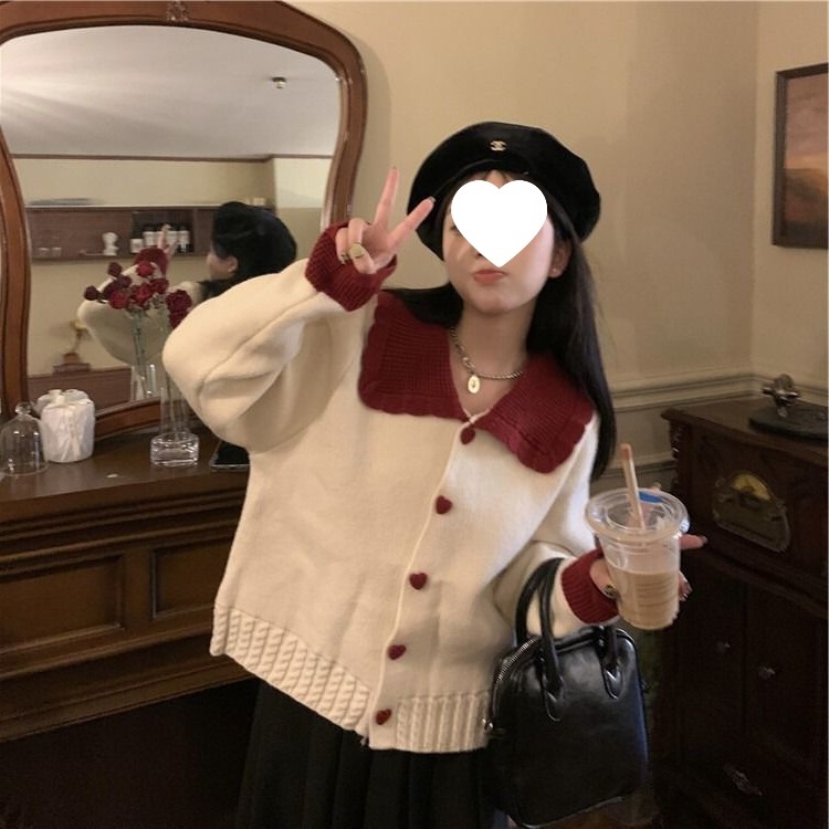 French-Style Christmas Retro Red Coat for Women with Design and Spliced ​​Ruffled Knitted Cardigan