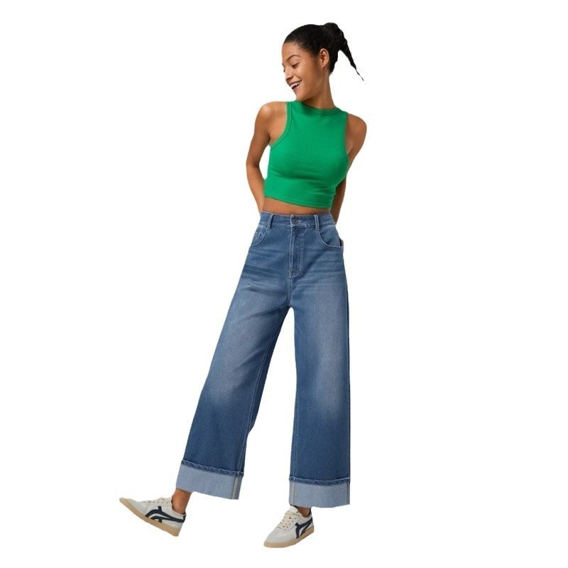 Jeans Rectos de Cintura Alta para Mujer de Algodón y Poliéster Corte Recto para Uso Diario
