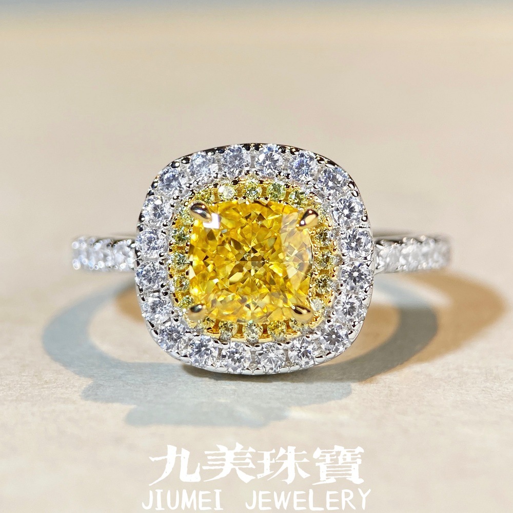 TikTok Explosions S925 Sterling Silver Ring Women's Yellow Diamond Luxury Square Bag Full Diamond Diamond Ring Raydion Cut Ice Flower Cut Zircon