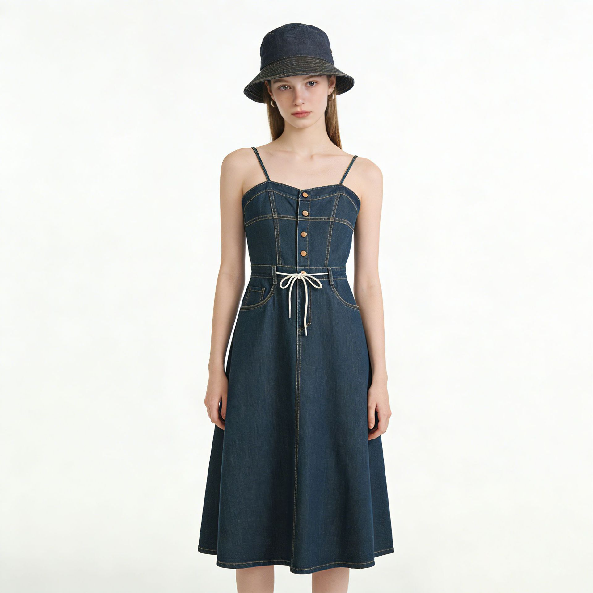 Đầm maxi nữ denim phong cách vintage thiết kế dây đeo thắt eo — xanh lam chi tiết 4