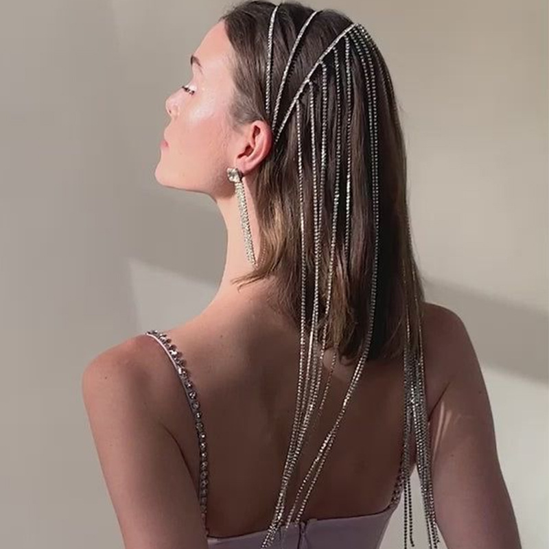Temperamento europeo y americano de perforación de flash multicapa de alta sensación de diamante bordilla trenzada cadena de cabello accesorios de novia banda de cabeza