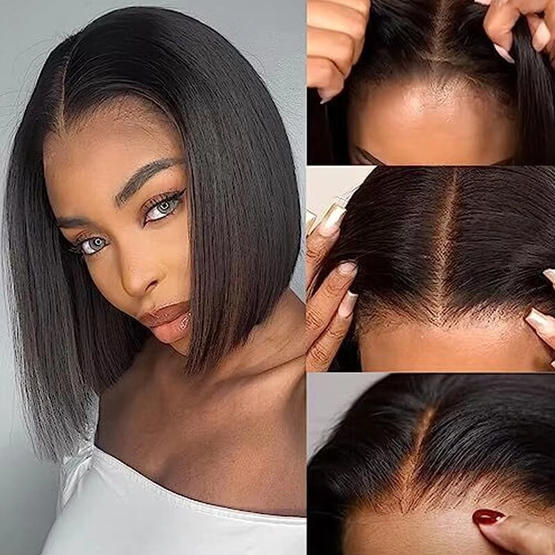 13*4 Realistic Scalp Straight Bob Lace Front Wig, Glue-Free, High-Temperature Synthetic Hair Wig with Bangs, Middle Part Bob