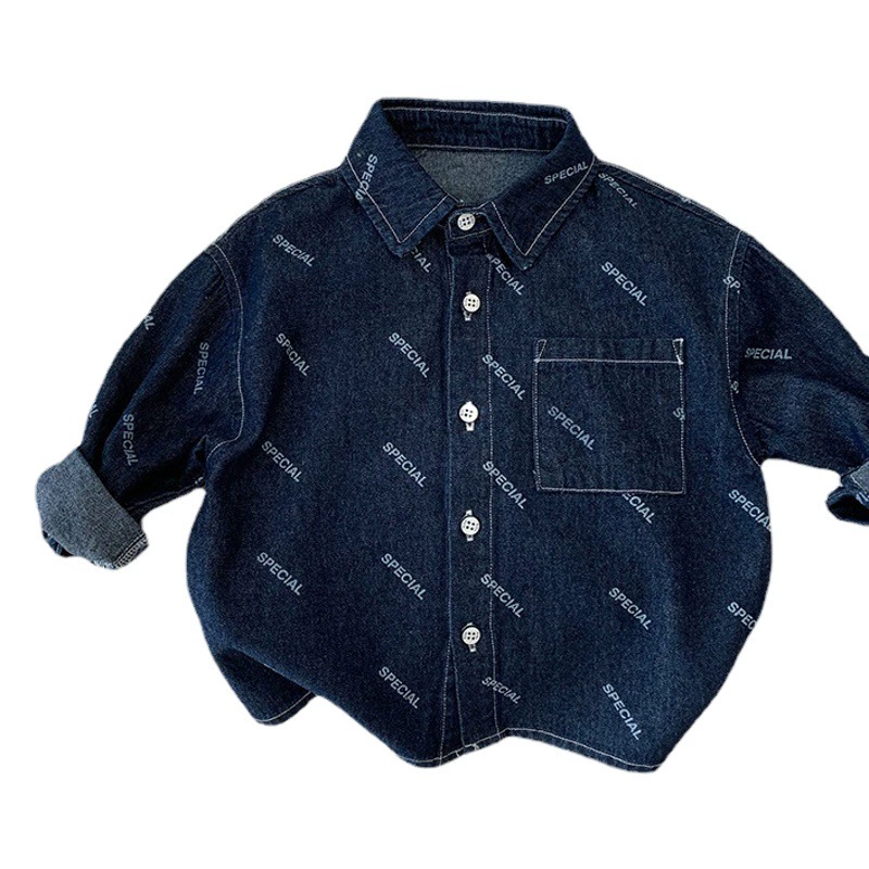 Джинсовая рубашка для мальчиков Осенняя рубашка с полным принтом в гонконгском стиле, Детское пальто Fried Street, модная рубашка с длинным рукавом