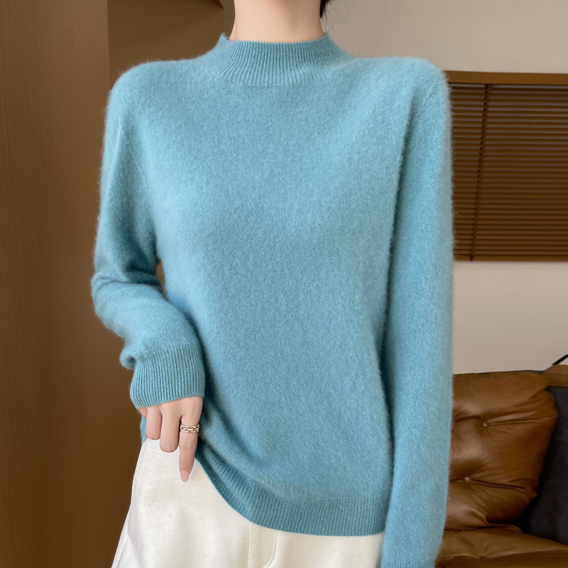 100%純毛セーター、ワンライン仕立て、シームレス、女性用ハーフタートルネック、ゆったりとしたニットセーター、シンプルな通勤スタイル