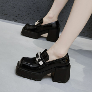 Thick-Soled Loafers for Women 2025 Spring and Autum New Versatile Heightening One-Leg Thick Heel Black British Style Small Leather Shoes