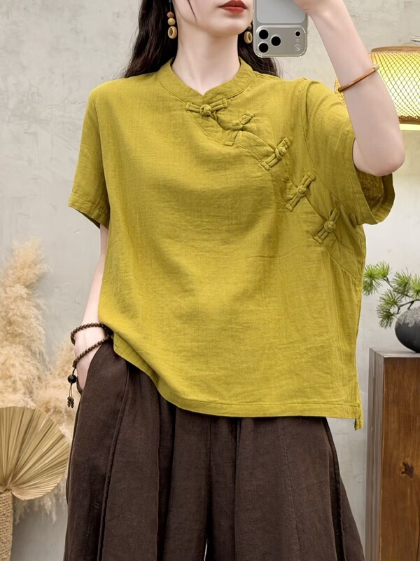 Buttoned Short-Sleeve Double-Layer Cotton Gauze Shirt for Women, 2026 Summer Casual New Style Loose Chinese Style Top Tea Clothing Buttoned Short-Sleeve Double-Layer Cotton Gauze Shirt for Women, 2026 Summer Casual New Style Loose Chinese Style Top Tea Clothing