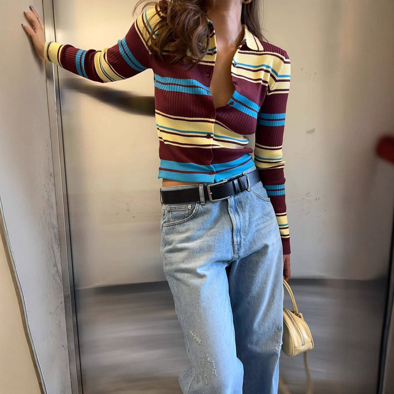 Striped Cardigan Long-Sleeve Single-Breasted Knit Sweater Autumn Retro Collar Slim Fit Versatile Striped Top Inner Wear