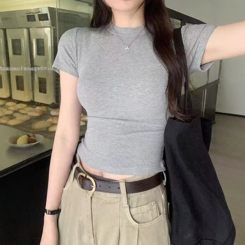 This Year's Trendy and Stylish Women's Short Ribbed Regular-Shoulder Summer Slim-Fit Short-Sleeve T-Shirt Tops for Summer Commuting Ins This Year's Trendy and Stylish Women's Short Ribbed Regular-Shoulder Summer Slim-Fit Short-Sleeve T-Shirt Tops for Summer Commuting Ins