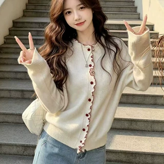 撞色木耳边针织开衫女2026秋冬新款保暖显瘦圆领百搭毛衣外套上衣