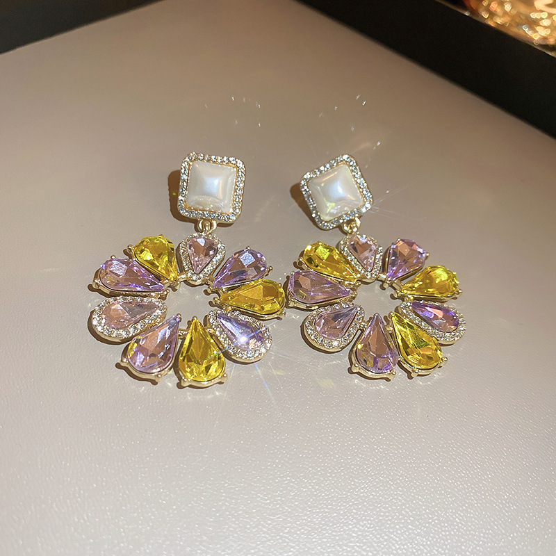 Aguja de plata con diamantes flores pendientes de perlas collares de moda versátil cadena de clavícula multicapa ligera lujo conjunto de joyas de alta calidad