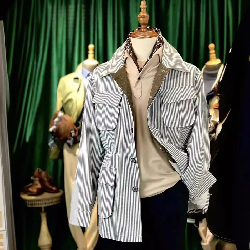 2084 New Spring and Autumn Thin Men's British Vintage Striped Fashion Bubble Casual Hunting Coat Jacket