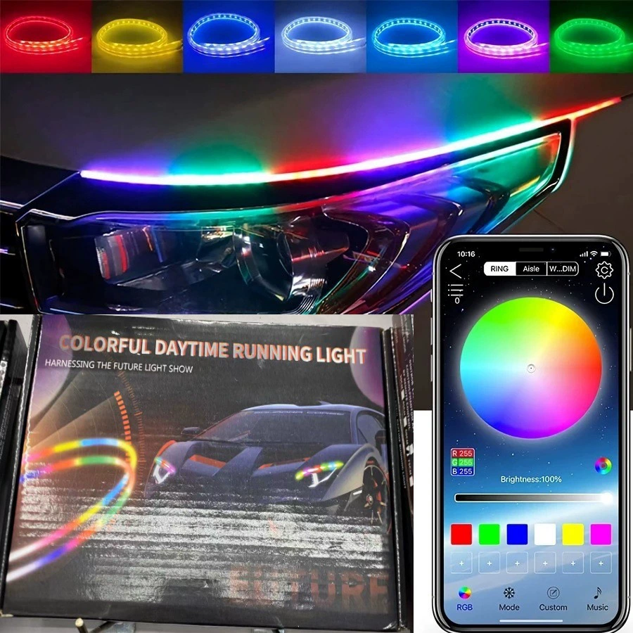 Авто LED световая панель ультра -тонкая дневная ходовая световая апп мобильный телефон управление фантазийный цвет гид двойной -цвет течущая вода пояс к фарам