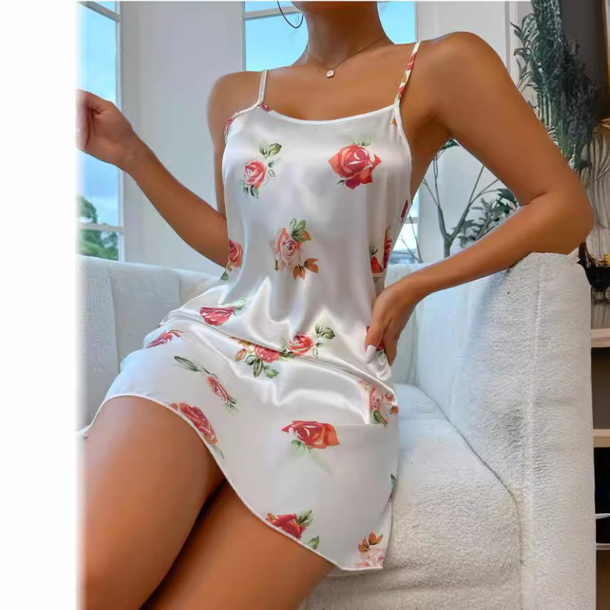 新款歐美性感露背冰絲吊帶連衣裙仿真絲睡裙夏季印花短裙女家居服