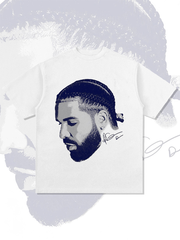 Cross-border Hip-hop Vintage DRAKE Printed Short-sleeved T-shirt Washed Heavy-weight Crewneck Small Neck Long Sleeve