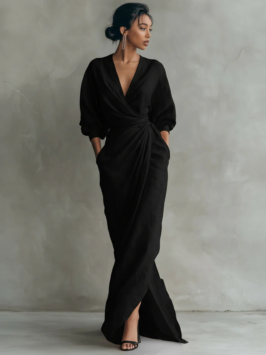 Damen Kleid Mit V-ausschnitt Aus Baumwolle Und Leinen_voghion.com