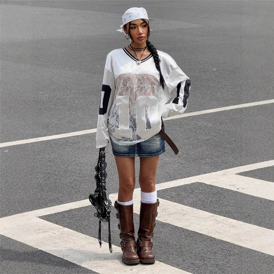 Европейская и американская летняя новая женская трансграничная внешнеторговая индивидуальность с приливным принтом кружева с V-образным вырезом свитер