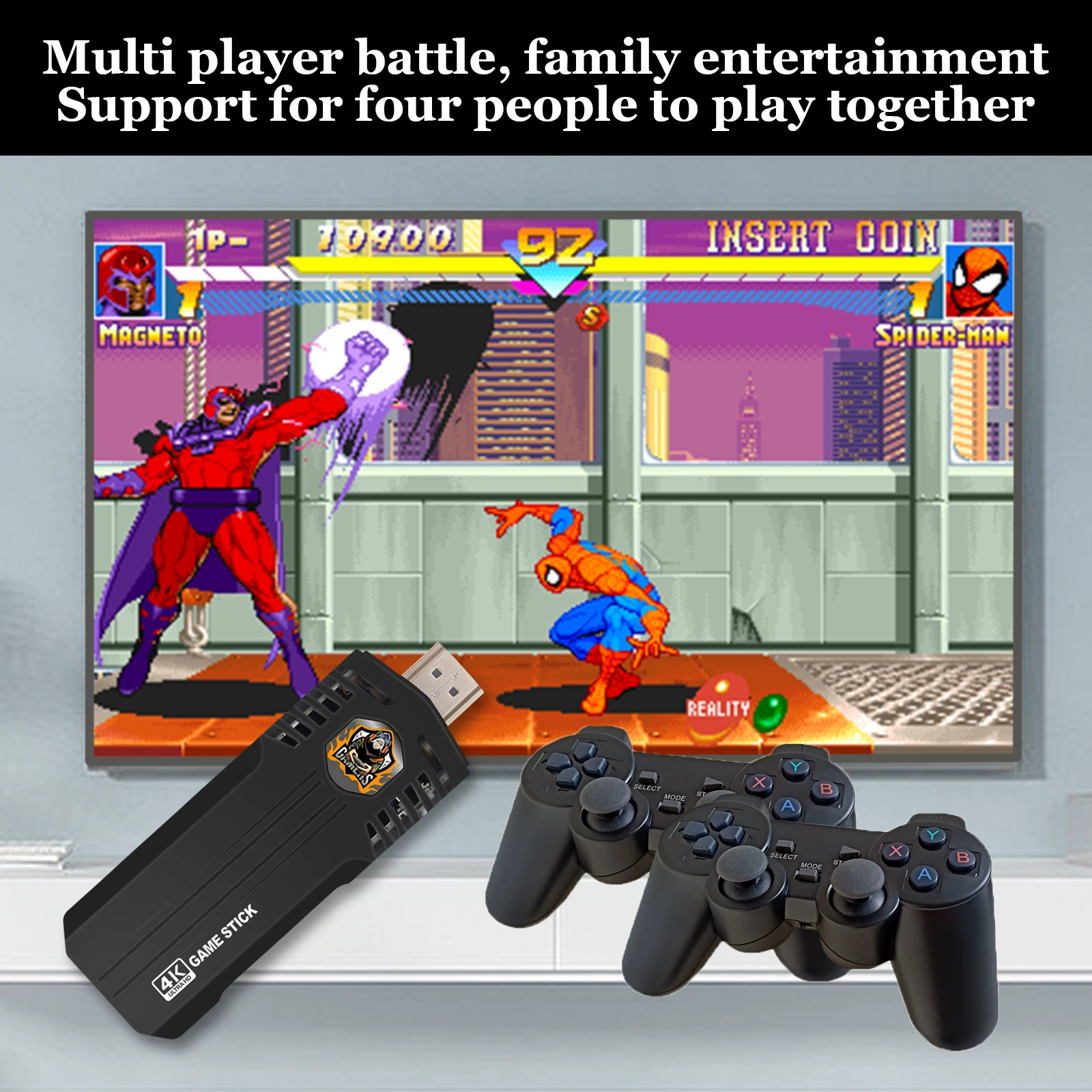 Wireless Retro Game Console Stick, 64GB, 4K HDR & 3D, Dual Wireless Controllers