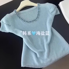 官图！设计感重工钉珠气质减龄短袖T恤女夏修身显瘦圆领小衫上衣