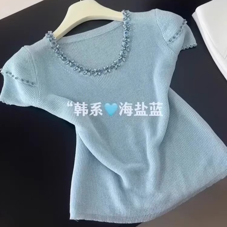 공식 사진! 디자인 중공업 비즈 기질 연령 감소 여성용 반팔 티셔츠 여름 슬리밍 라운드 넥 탑