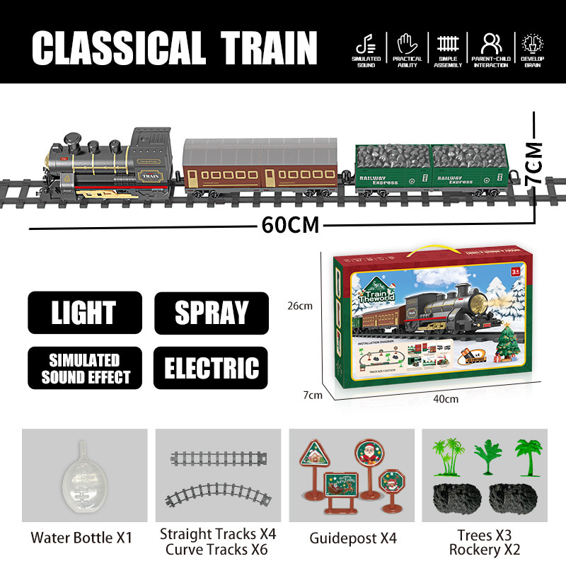 Venta rápida transfronteriza explosiva juguetes de pista de Navidad eléctricos clásicos vapor spray tren tren de música vagón