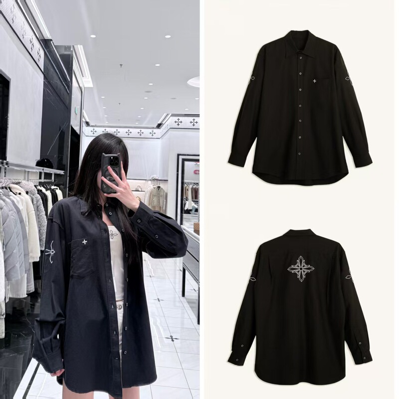 S Cross Pattern Classic Shirt Embroidered Black and White Solid Color Loose Top