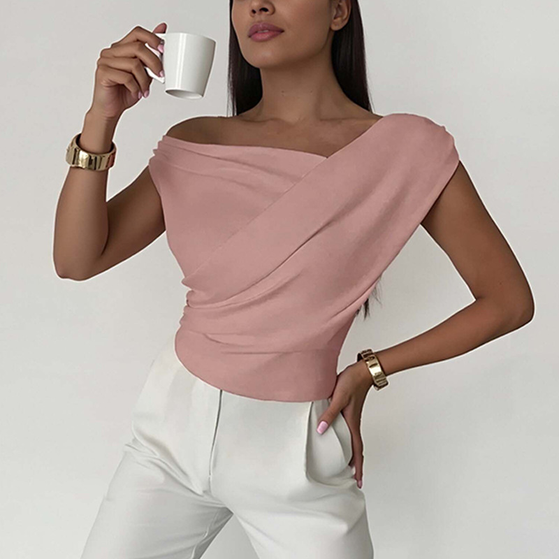 2026 primavera nuevo comercio exterior transfronterizo de Europa y América ropa de mujer sexy hombro abierto irregular cuello pequeño chaleco camisa de manga corta