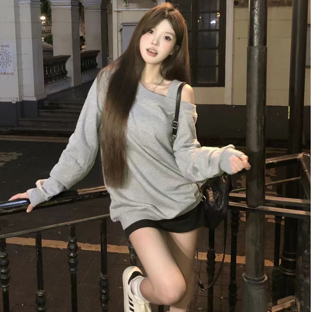 【华棉复合牛奶丝+银狐绒】慵懒风灰色斜领露肩休闲卫衣有吊牌