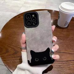 Applicable Faux Fur Black Cat iPhone 11 Apple 13 Leather Texture 15 Phone Case 12 Soft Case 7P Stain Resistant Anti-Slip