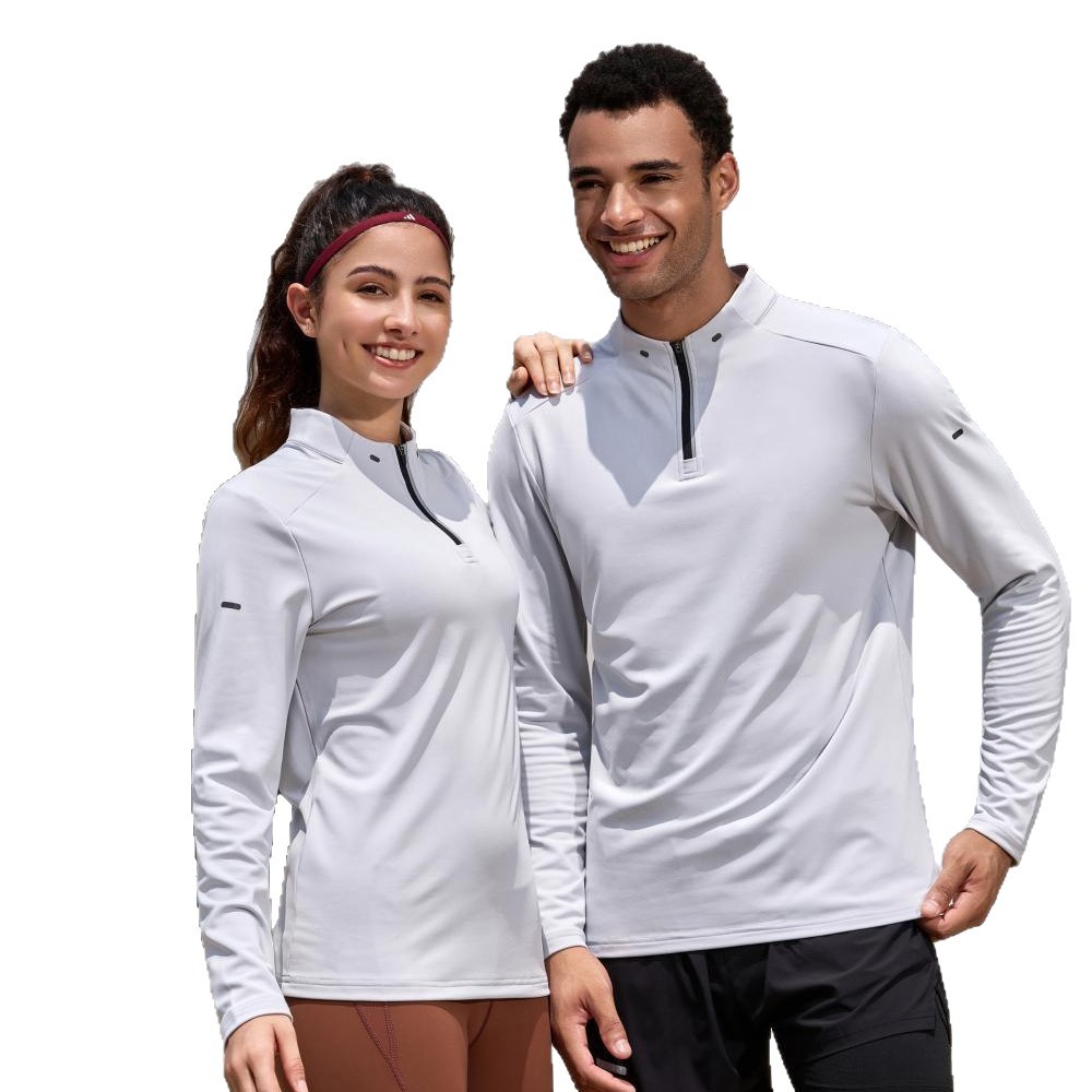 Otoño nueva camiseta deportiva de manga larga para hombres y mujeres Amazon medio cremallera correr acondicionamiento físico ropa de entrenamiento europea y americana medio pecho abierto