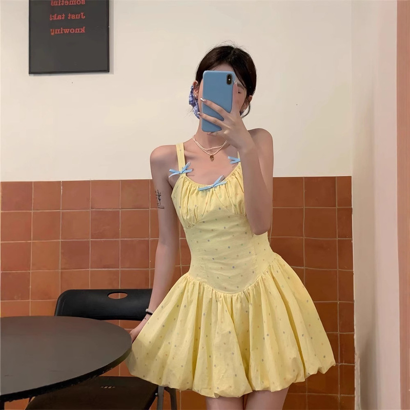 Dopamine Yellow Sling dress Women's Sweet Small Vacation Style Wave Dot Flower Bute Skirt Tight Waist Pontu Skirt for Summer Dopamine Yellow Sling dress Women's Sweet Small Vacation Style Wave Dot Flower Bute Skirt Tight Waist Pontu Skirt for Summer