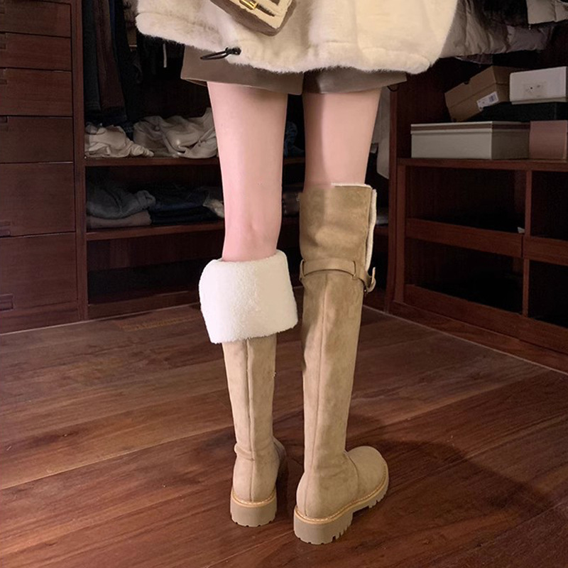 Mamá de uva Milan pictórica ~ botas cálidas de invierno botas sobre la rodilla punta redonda hebilla de cinturón a presión botas elásticas de tacón grueso botas largas