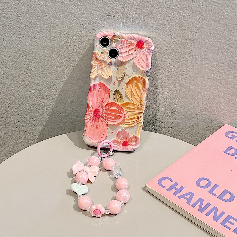 Suitable for high-end blue light oil painting flower iPhone 13 promax phone case Apple 14 women's 12 bracelet 11_voghion.com