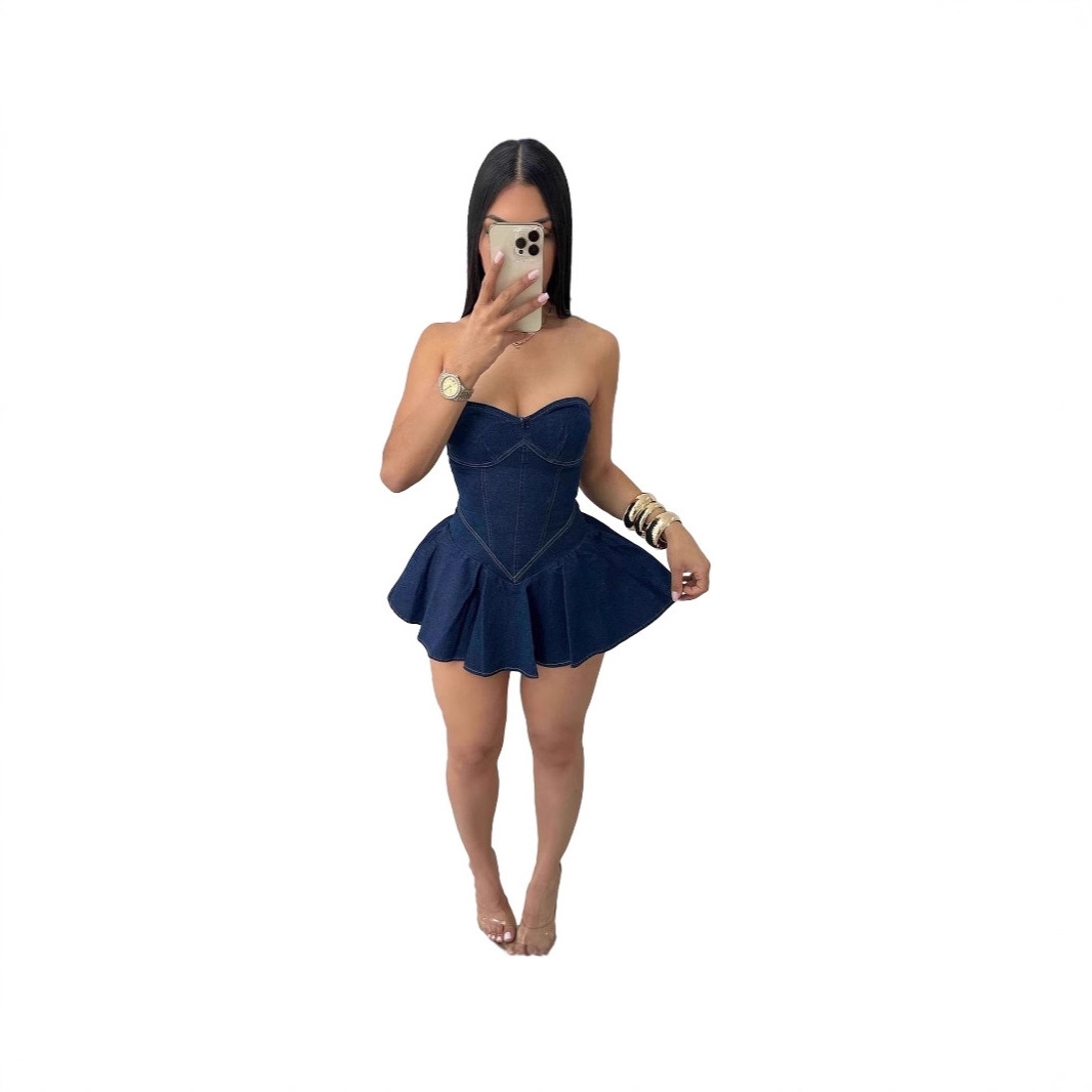 Women's Sleeveless Bust Denim Mini Dress Sexy Hot A-Line American Style Fashion Temperament Dress For Girls_ecoleips.com
