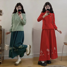 女式唐装民国风复古刺绣日常少女茶艺旗袍上衣长袖裙装两件套秋冬