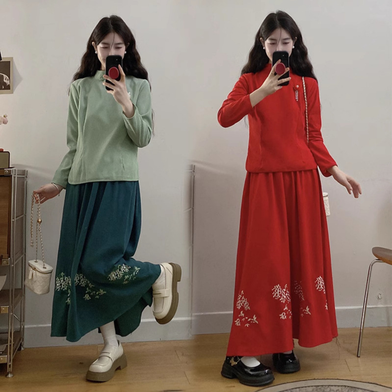 女式唐装民国风复古刺绣日常少女茶艺旗袍上衣长袖裙装两件套秋冬