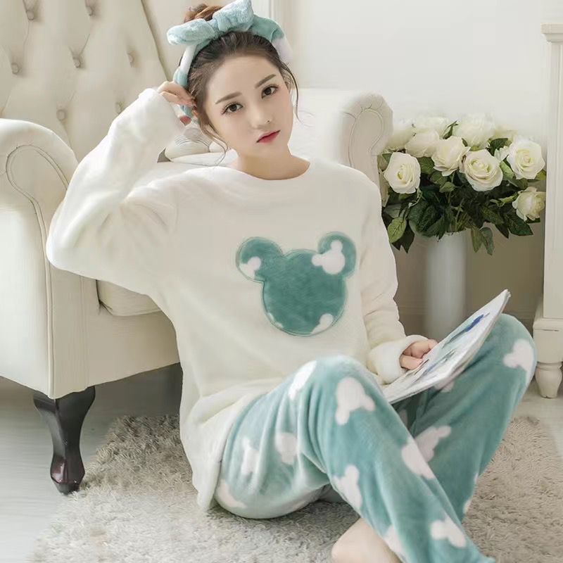Pijamas de las mujeres Otoño e Invierno coral polar lindo engrosada estilo coreano franela caliente de dibujos animados más tamaño desgaste del hogar traje de invierno