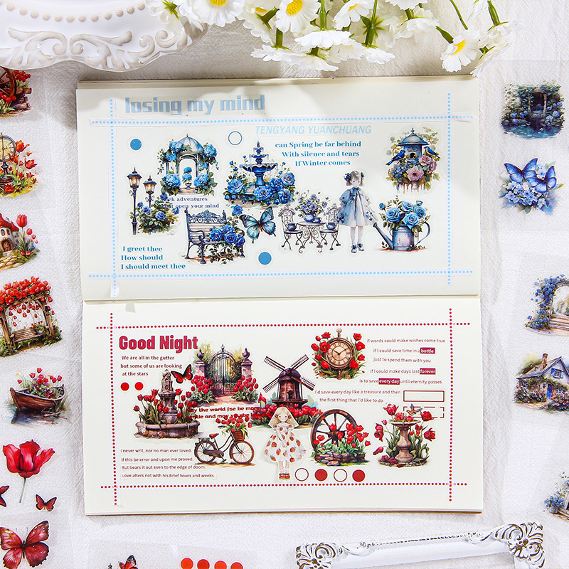 Espejos de flores transparentes pegatinas impermeables DIY pegatinas de diario pegatinas de flores pastorales retro transfronterizas pegatinas animales