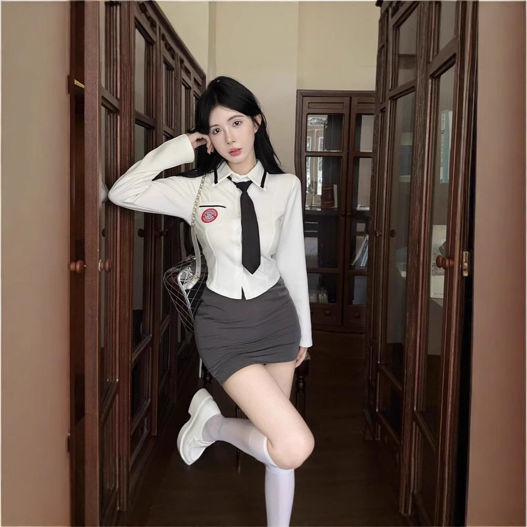 한국 세련된 대학 스타일 JK 유니폼 긴팔 슬림 핏 셔츠 넥타이 힙합 스커트 핫 소녀 투피스 세트