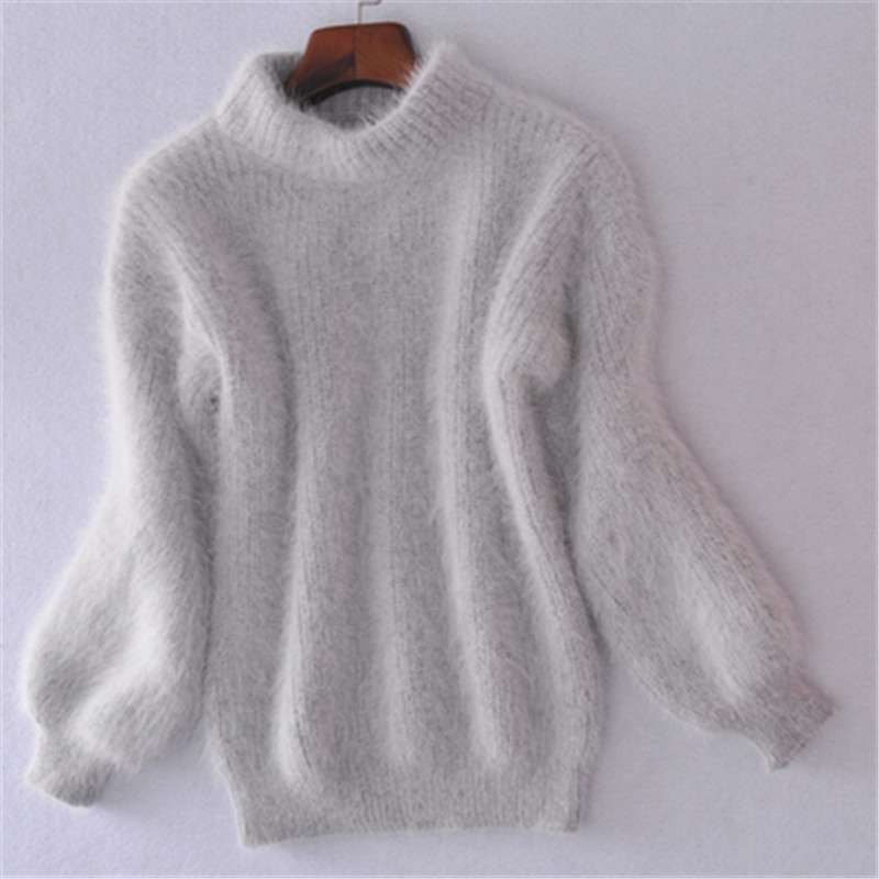 K New Style Lantern Sleeve Faux Mink Half-turtleneck Loose Solid Color Sweater Pullover For Women_voghion.com