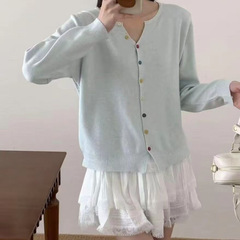 早秋新款开衫女针织彩扣外套韩版显瘦百搭设计感小众彩色纽扣毛衣