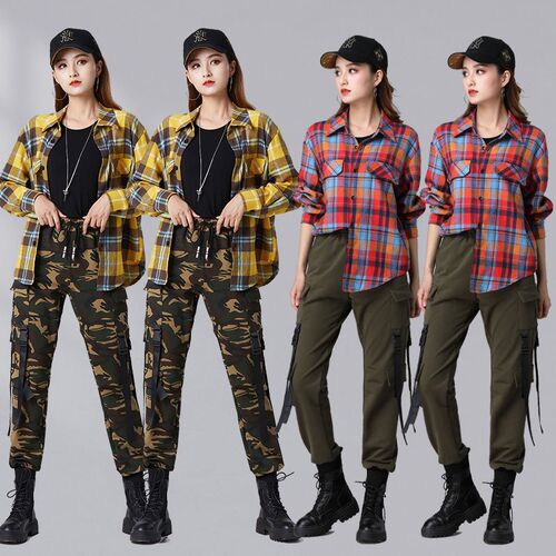 Tingzi Beauty Square Dance Costume New Set Spring Check Collared Shirt Loose Dance Wear Ghost Step Dance Group Performance Suit