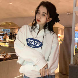 2022秋冬新薄款半拉链短款小个子学生立领Polo长袖短款卫衣外套女