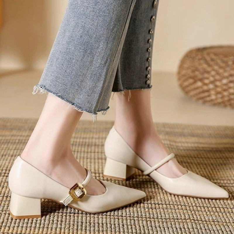 Французские ретро-белые мягкие кожаные одиночные туфли Мэри Джейн женские новые остроконечные с толстыми каблуками